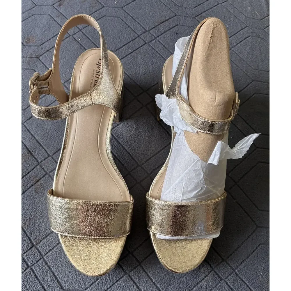 LifeStride Gold Metallic Strappy Sandals Ankle Strap Buckle Closure Size 11W